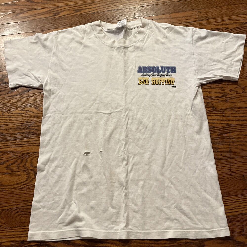 Vintage 90s Wild Oats Absolute Happy Hour Bar Hopping White T-Shirt Thrashed L